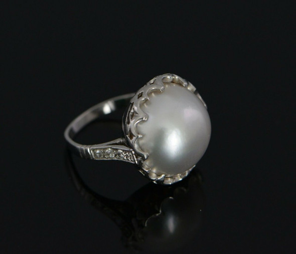 Vintage Platinum Mabe Pearl Ring with Diamond Accent Band Circa 1950, Size Vintage Platinum Mabe Pearl Ring with Diamond Accent Band Circa 1950, Size