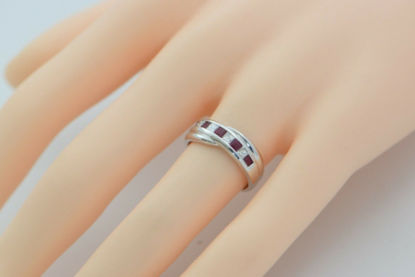 Ruby and Diamond Ring Band 14K WG Princess Cut Stones Size 5.5