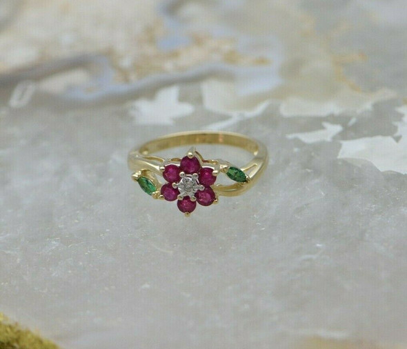 14K YG Ruby Emerald and Diamond Ring Flower Design Size 6.5 Circa 1970