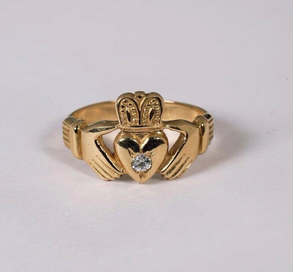 14K Yellow Gold Claddagh Ring with a White Sapphire, Size 9