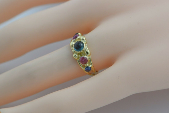 14K YG Multicolor Tourmaline and Sapphire Cabochon Ring Size 6.5 Circa 1970