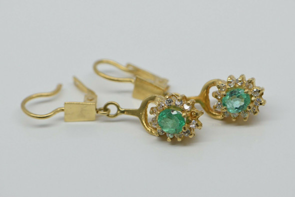 18K Yellow Gold Emerald and Diamond Halo French Clip Earrings