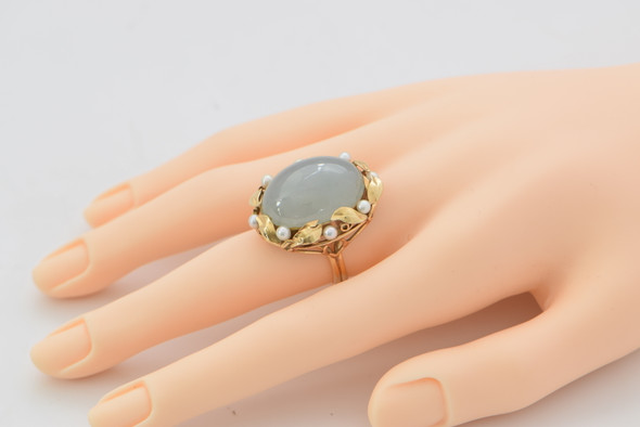 Ming's of Honolulu 14K Yellow Gold Grey Jade & Pearl Ring , size 6.5