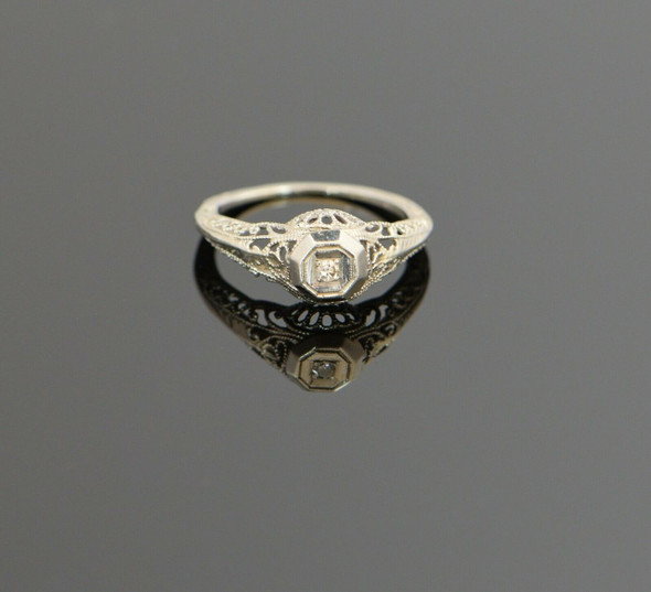 14K White Gold Vintage Filigree Ring with Small Diamond Center, Size 5.25 14K White Gold Vintage Filigree Ring with Small Diamond Center, Size 5.25