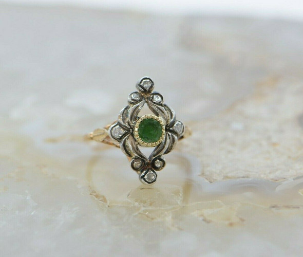 18K YG Antique Emerald and Native Cut Diamond Ring Size 6- Circa 1840