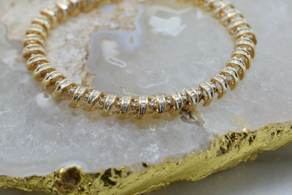 14K Yellow Gold Diamond Bracelet S Shaped Baguette Set Links Circa 1990