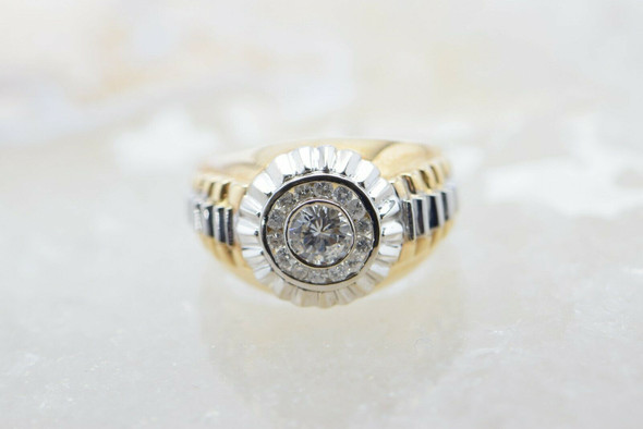 14K Men's White and Yellow Gold Bezel Set Diamond Ring Size 9 Circa 1990