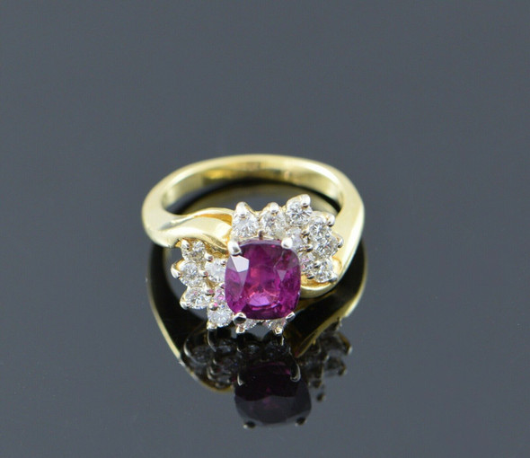 18K Yellow Gold Reddish-Purple Sapphire and Diamond Ring Circa 1960, Size 4