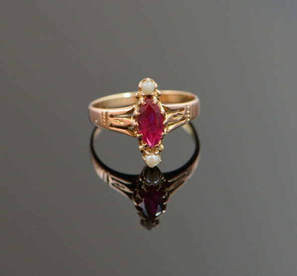 10K R/G Egyptian Revival Style Synthetic Ruby Ring w/Pearls Circa 1910 Size 5.75