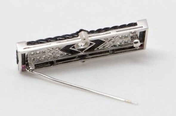 Superb Platinum Onyx, Ruby and Diamond Art Deco Pin