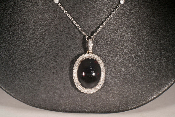 18K White Gold Necklace with Bezel Set Diamonds & Estate Oval Cabochon Garnet