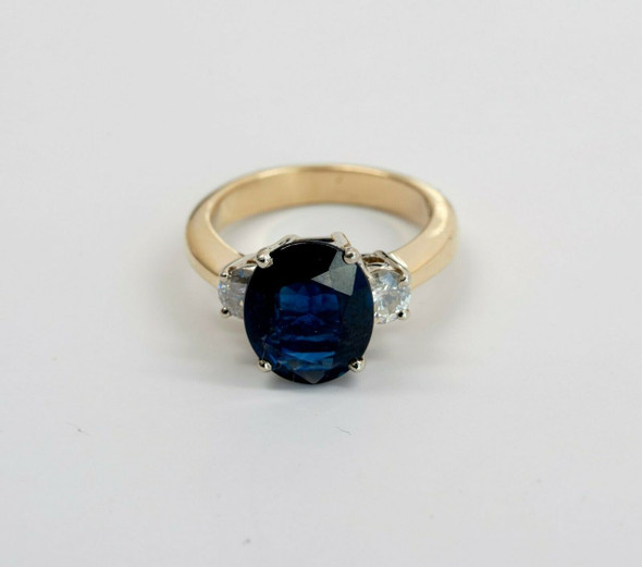 14K Yellow Gold Large Oval Sapphire & Diamond Ring circa 1990, Size 6.25