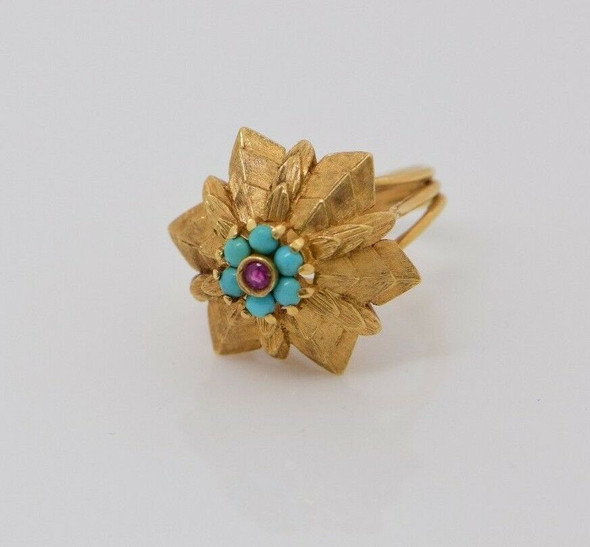 18K Yellow Gold Turquoise and Ruby High Dome Ring Circa 1950, Size 6.75
