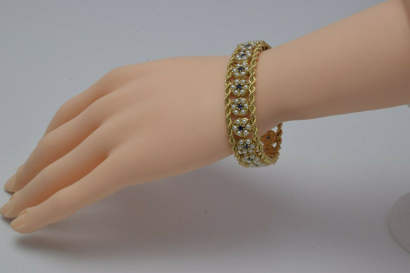 Vintage 14K YG Pearl and Sapphire Rosettes with Rope Chain Bracelet Circa 1960