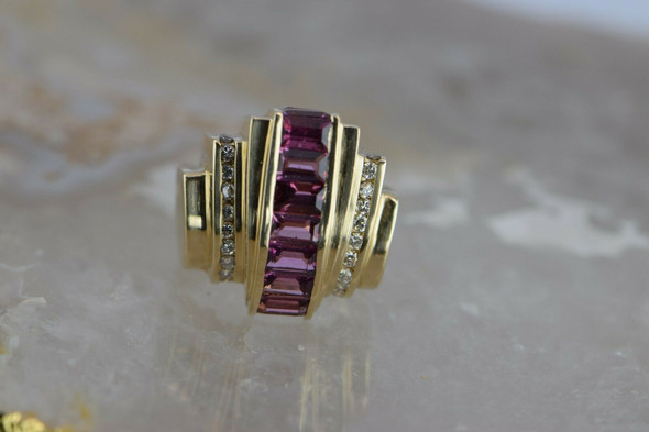 14K YG Sensational Modernist Pink Tourmaline and Diamond Ring Size 7 Circa 1980