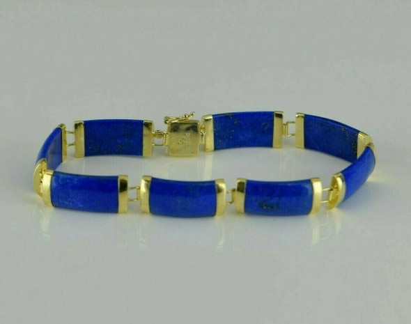 14K Yellow Gold Lapis Segmented Bracelet 8 Curved Stones 7" Length Circa 1980