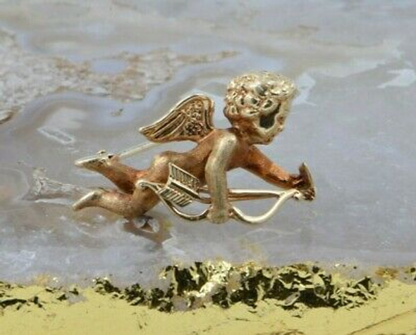 14K Yellow Gold Cupid Pin Winged Cupid with Bow and Quiver
