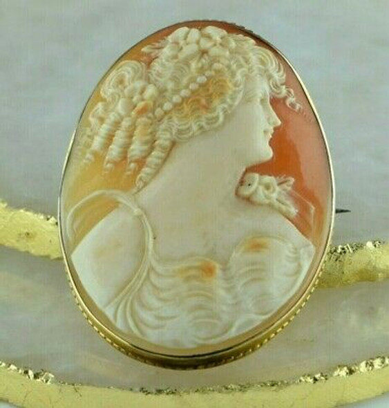 Excellent Carved Vintage 10K YG Shell Cameo Beaded Gold Frame Circa 1920