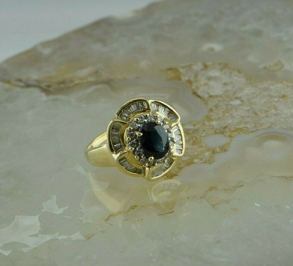 14K YG Sapphire and Diamond Halo Floral Form Ring Size 8.5 Circa 1960