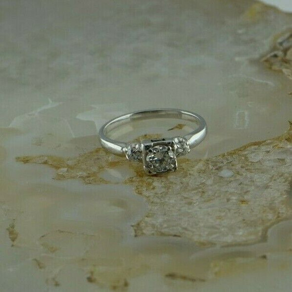 Vintage 14K White Gold Diamond Engagement Ring Size 5.25 Circa 1950