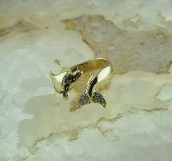 14K Yellow Gold Diamond Dolphin Ring Adjustable Size 5-7 Circa 1970