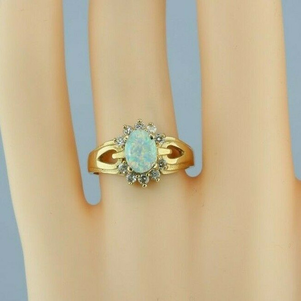 14K Yellow Opal and Diamond Ring with 10 Round Diamonds Size 7