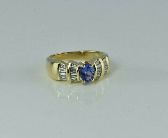 14K YG Designer 2 ct + Tanzanite and Diamond Baguette Ring Size 7.25 Circa 1980