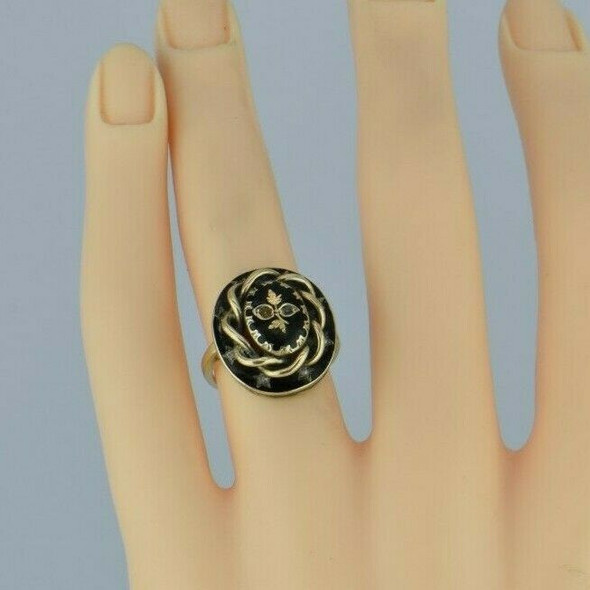 Victorian Mourning Ring 14K Yellow Gold with Black Enamel Size 4 Circa 1890