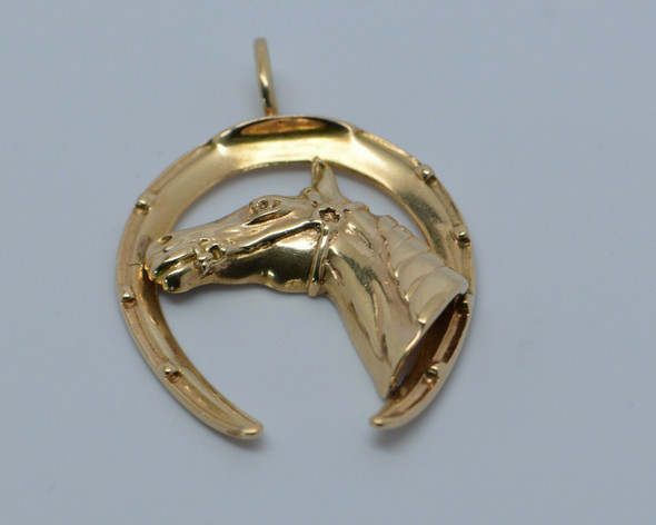 Large 14K Yellow Gold Horse and Horseshoe Pendant