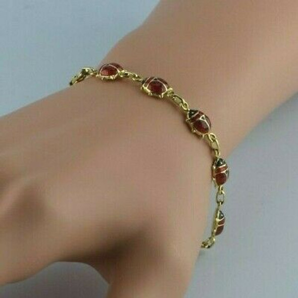 14K Yellow Gold Ladybug Enameled Bracelet Italian Made 6.5 Inches Circa 1980