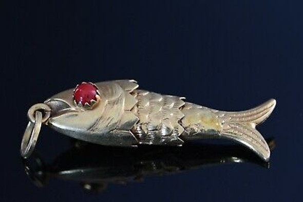 18K Yellow Gold Articulated Fish Pendant with Red Coral Eyes, Circa 1950