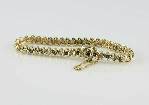 14K YG 3ct tw Diamond and Sapphire Bracelet 6.75 Inches Circa 1970