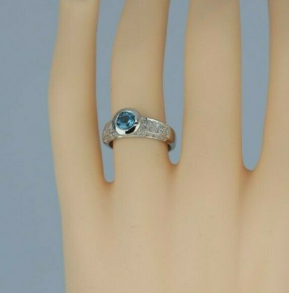 14K White Gold Blue Topaz and Diamond Pave Ring Size 6.5 Circa 1990