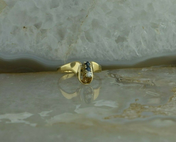 14K Yellow Gold Modernist Diamond and Sapphire Ring Size 6.5 Circa 1970