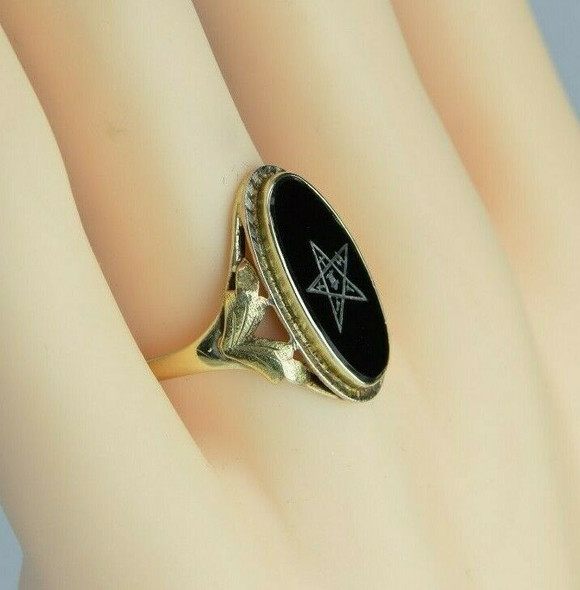 10K Yellow Gold Masonic Eastern Star Black Onyx Ring Size 7.5 Circa 1950