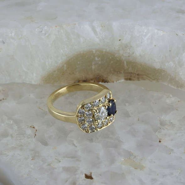 14K Yellow Gold D Shaped Custom Sapphire and Diamond Ring Size 7