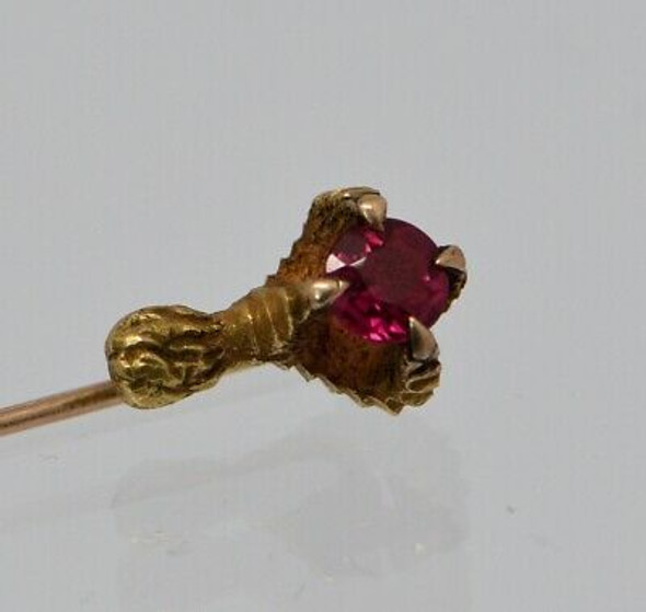 10K Yellow Gold Victorian Stick Pin, Eagle Talon Clutching Red Faceted Spinel