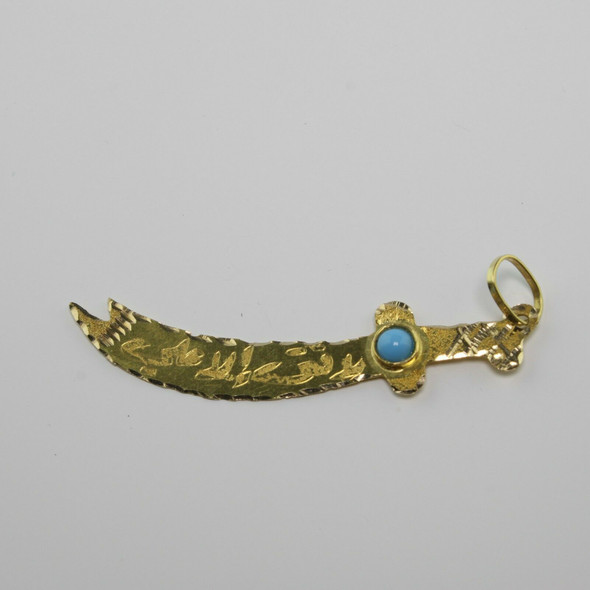 18K Yellow Gold Scimitar Pendant Turquoise Cabochon Set Circa 1970