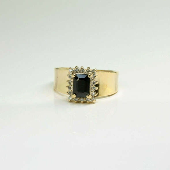 14K Yellow Gold Dark Sapphire and Diamond Halo Ring Size 6.5 Circa 1960