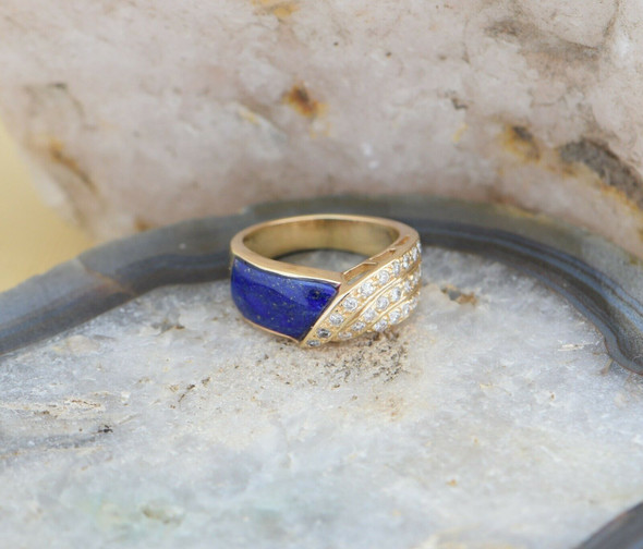 14K Yellow Gold Lapis Swirl Panel & Diamond Ring , Size 7