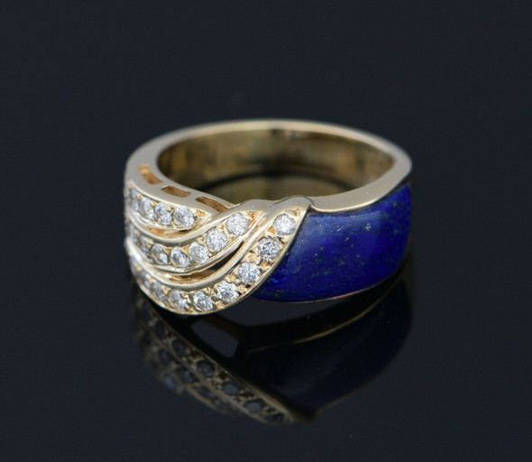 14K Yellow Gold Lapis Swirl Panel & Diamond Ring , Size 7