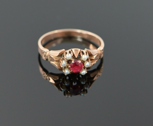 10K Rose Gold Egyptian Revival Ring with Red Stone & Pearl Set 1900's, Size 6.25