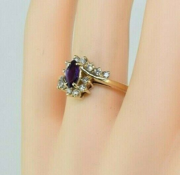 14K Yellow Gold 1ct + Amethyst Marquise Diamond Halo Ring Size 7