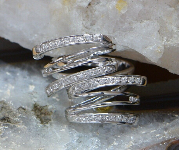 14K White Gold Diamond Artistic Ring app. 36 Round Stones on 4 Bands, Size 6.75