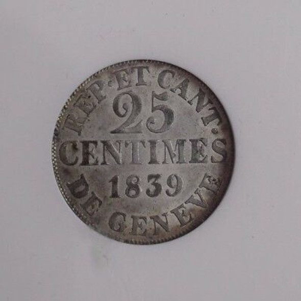 1839 Swiss Cantons 25 Centimes Geneva, Extra Fine
