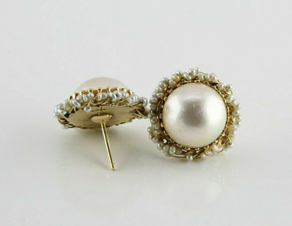 14K Yellow Gold Mabe Pearl Post Earrings with Seed pearls