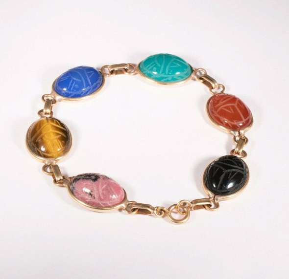 14K Yellow Gold Scarab Bracelet, Consists of Genuine Carved Gemstones