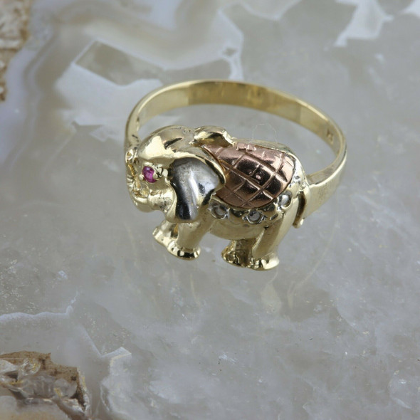14K Tricolor Gold Elephant Ring with Ruby Eye Size 8 Circa 1990