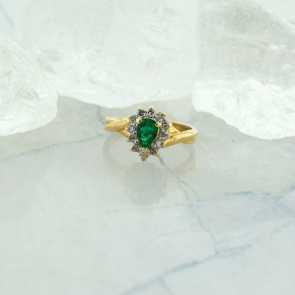 14K Yellow Gold Emerald and Diamond Ring Size 5