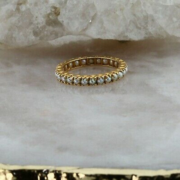 14K YG Pearl Eternity Ring, 2mm pearls surround prong set, Size 8, Circa 1980's